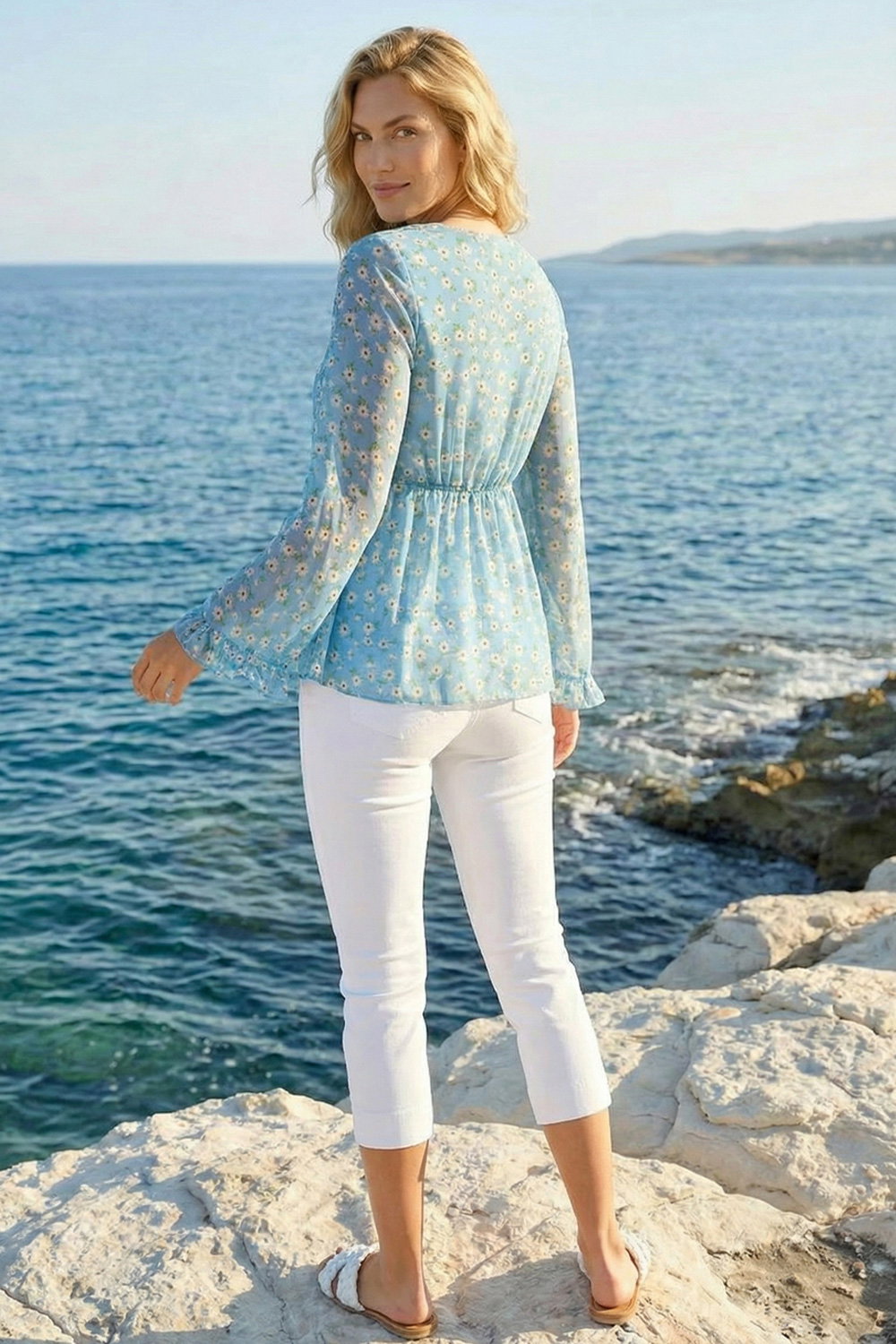 Light Blue  Ditsy Floral Print Frilled Top, Image 3 of 4