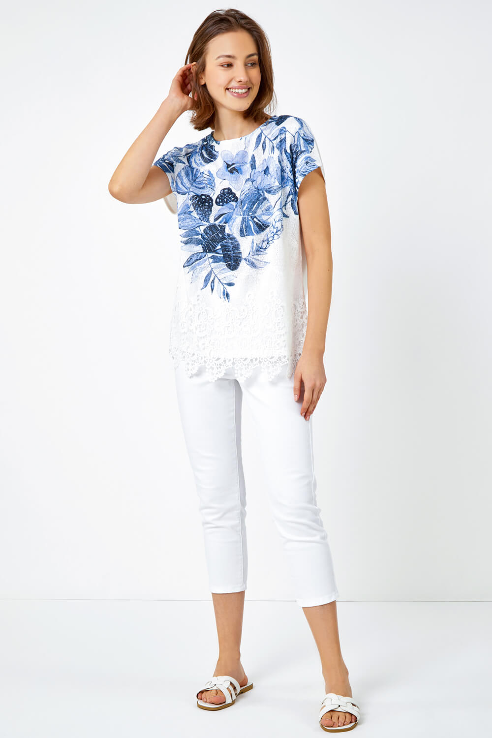 Blue Floral Print Lace Trim Stretch T-Shirt , Image 5 of 5