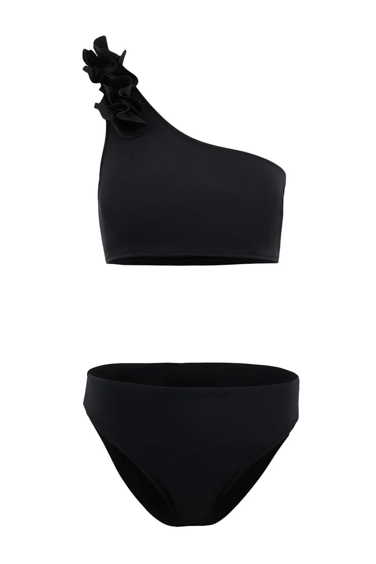 Black One Shoulder Bikini Set With Ruffle Detail And High Waist Bottom