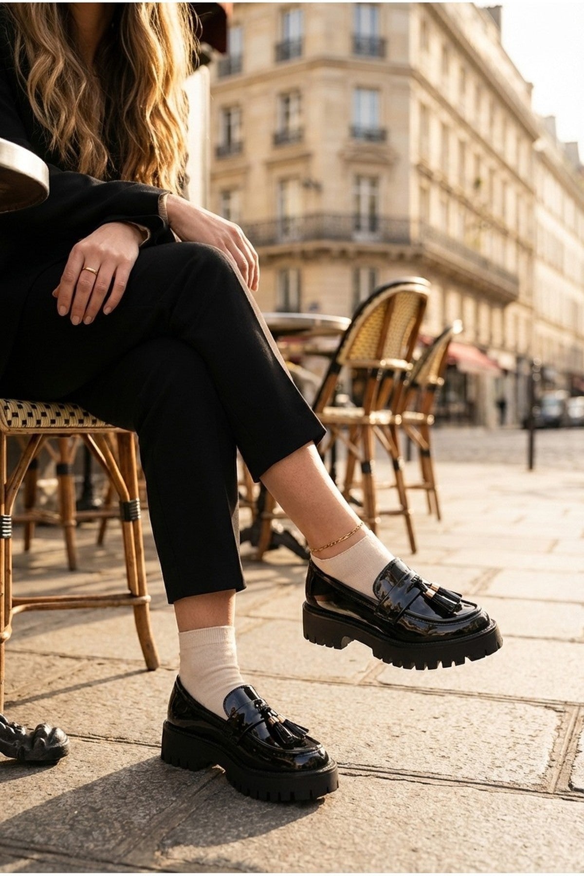 Black Mia Womens Chunky Patent Tassel Loafers, Image 5 of 8