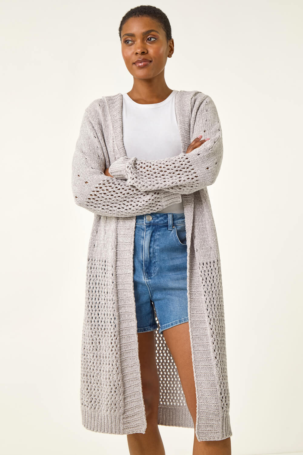 Grey Soft Chenille Hooded Cardigan, Image 3 of 5