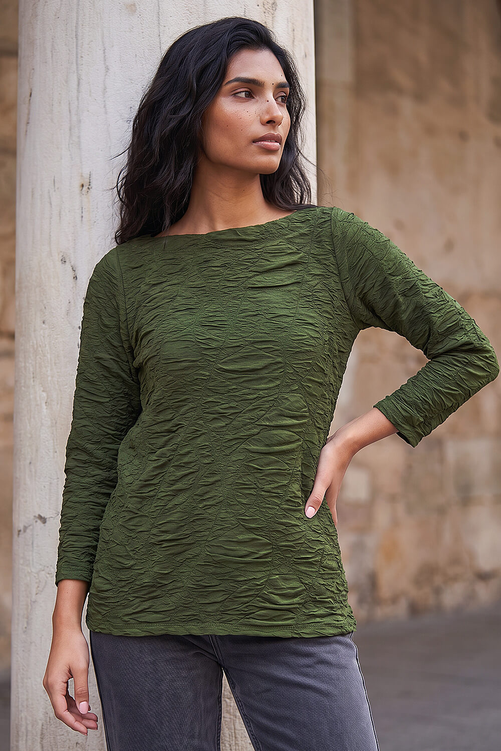 Roman Women's Khaki Textured Slash Neck Top Size 10