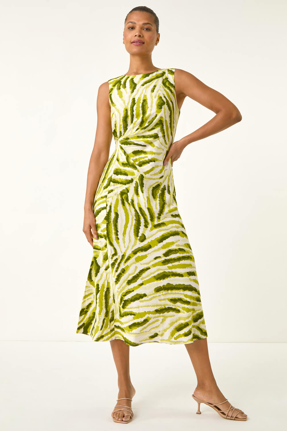 Green Abstract Side Pleat Midi Dress, Image 3 of 5