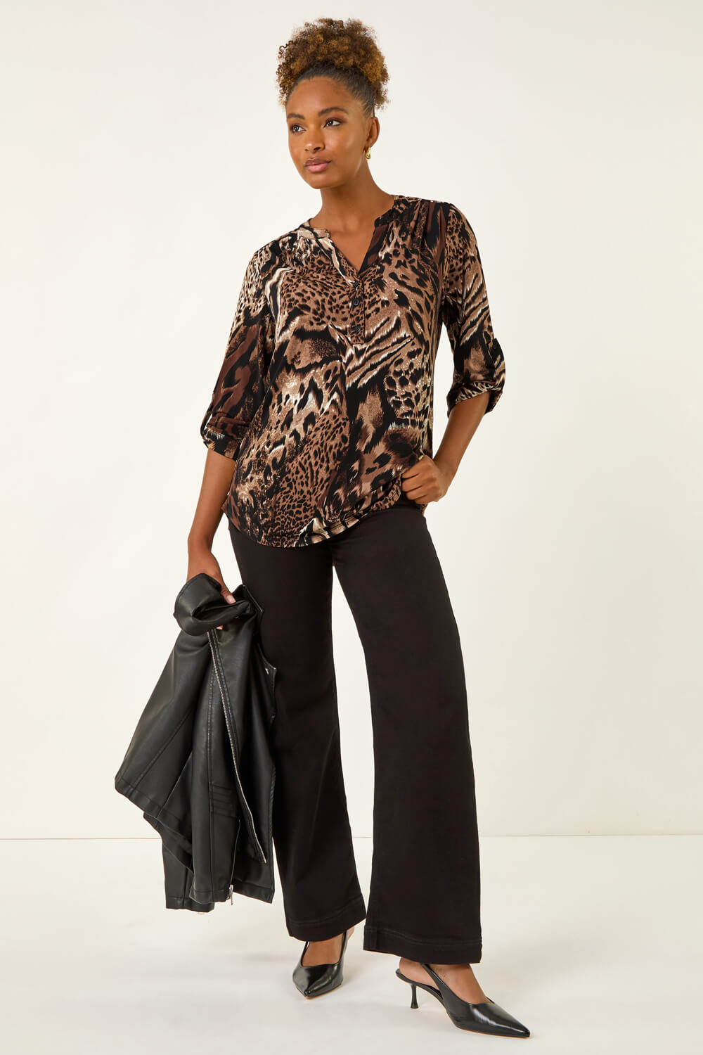 Brown Animal Puff Print Stretch Top, Image 3 of 5