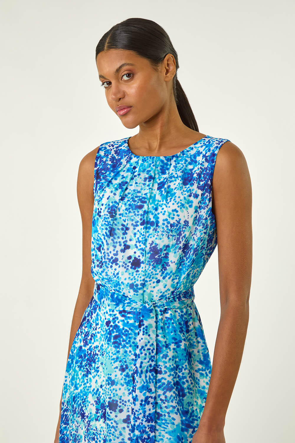 Blue Spot Print Pleated Chiffon Dress, Image 5 of 5