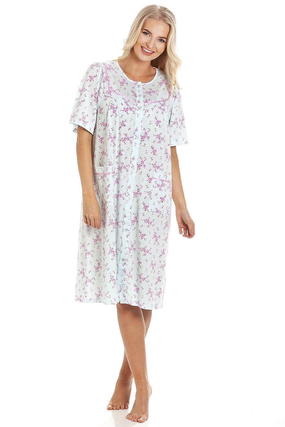 Aqua Camille Lingerie Aqua Short Sleeve Button Up Floral Nightdress, Image 1 of 6