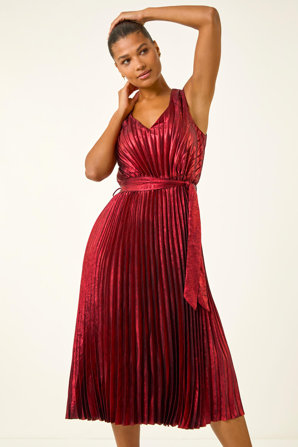 Red Metallic Pleat Belted Midi Dress, Image 5 of 5