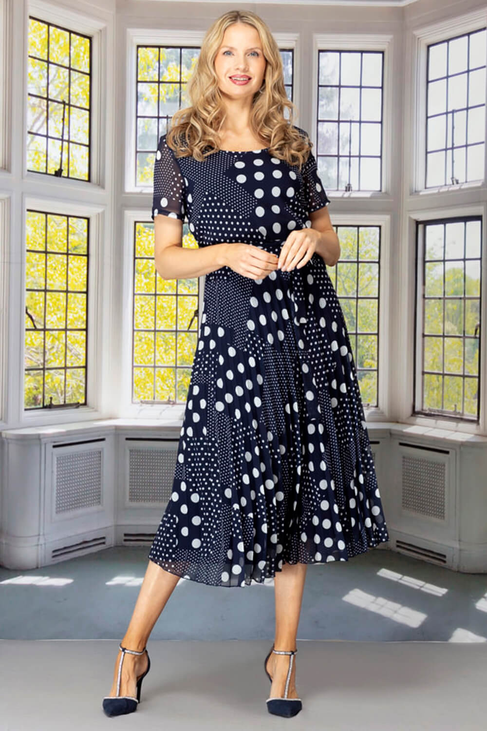 Navy  Julianna Patchwork Pleated Chiffon Dress, Image 1 of 4