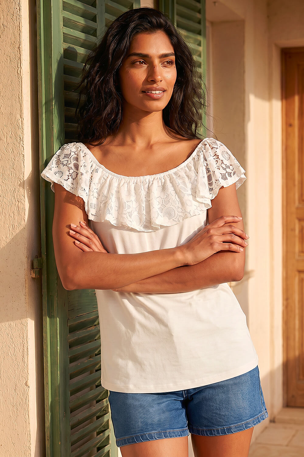 Ivory Lace Trim Bardot Top, Image 1 of 4