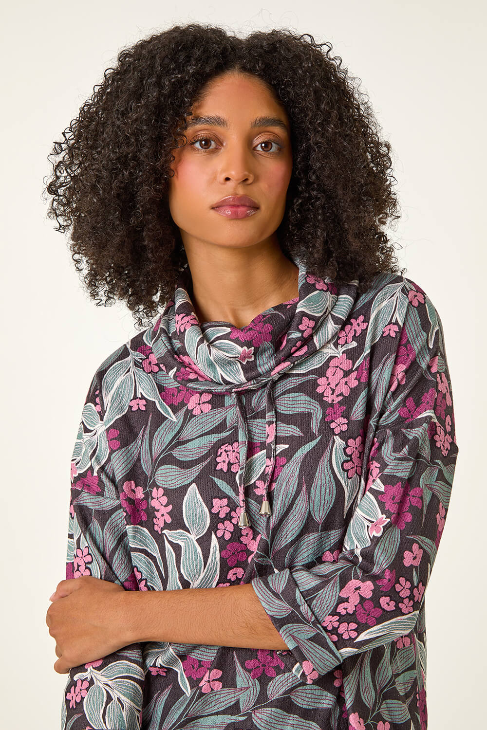 PINK Floral Printed Roll Neck Top, Image 3 of 5