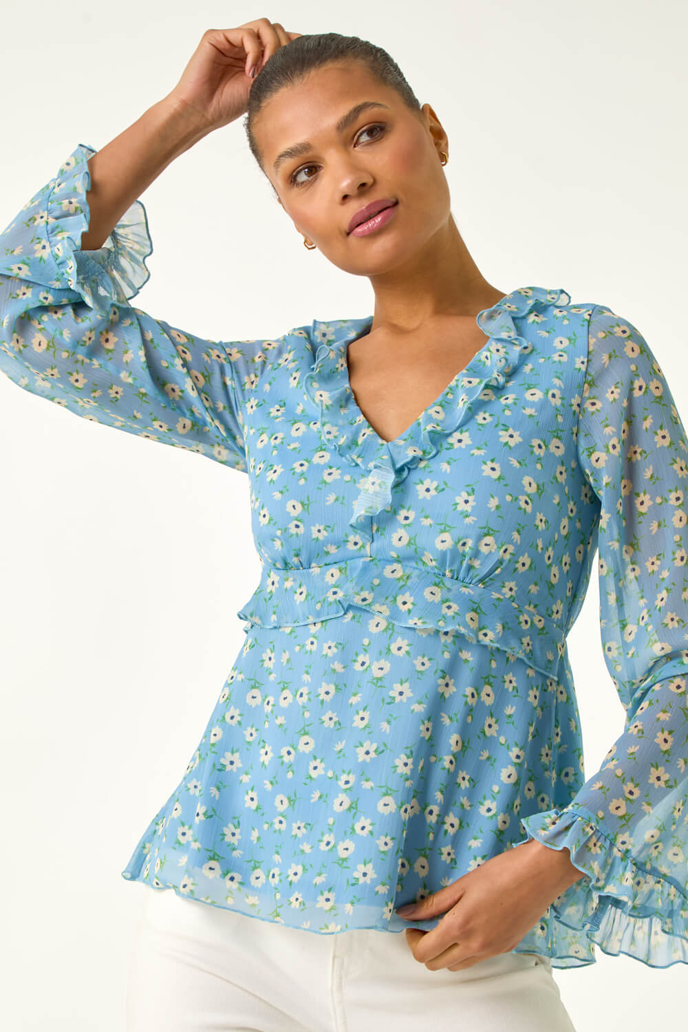 Diona Blue Floral Frill Sleeve Top