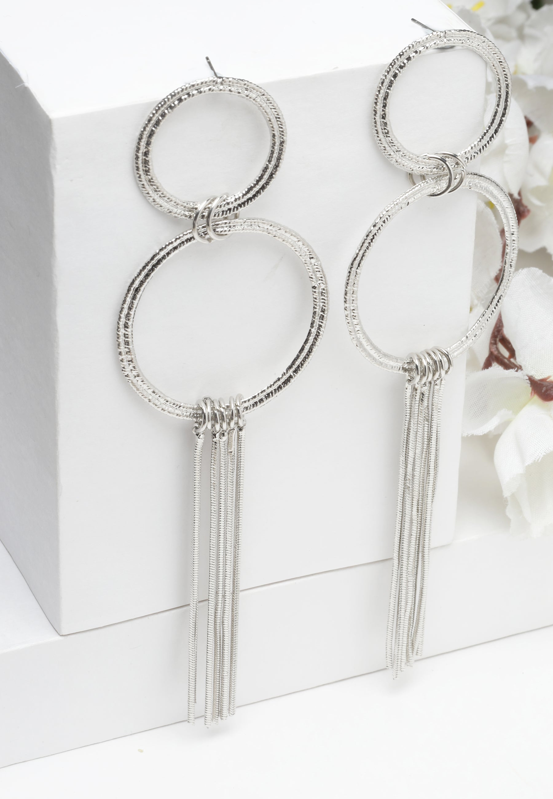 Silver Elegant Circular Fringe Earrings In Silver, Image 2 of 5