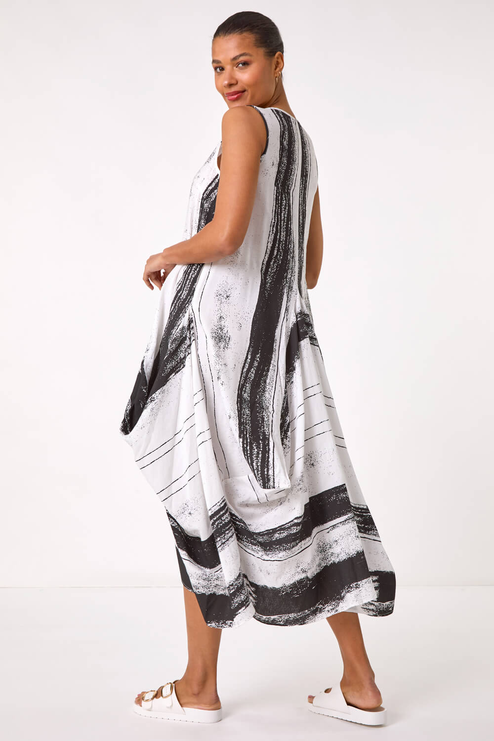 White Abstract Print Bubble Midi Dress, Image 4 of 5