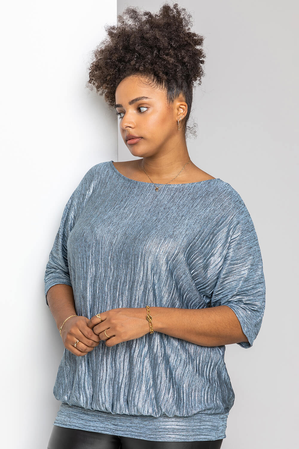 Silver Curve Shimmer Pleated Blouson Top, Image 6 of 5