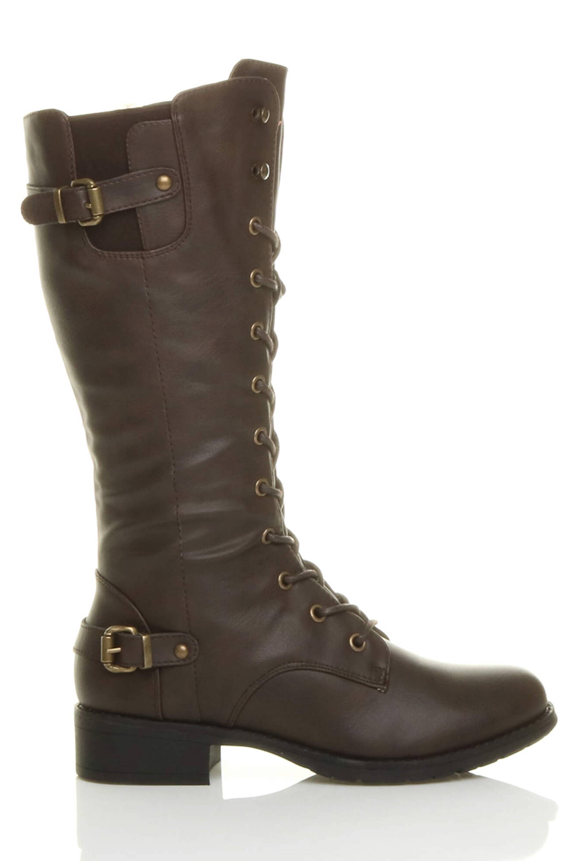 Brown AJVANI Brown Lace Up Calf Military Biker Boots, Image 2 of 6