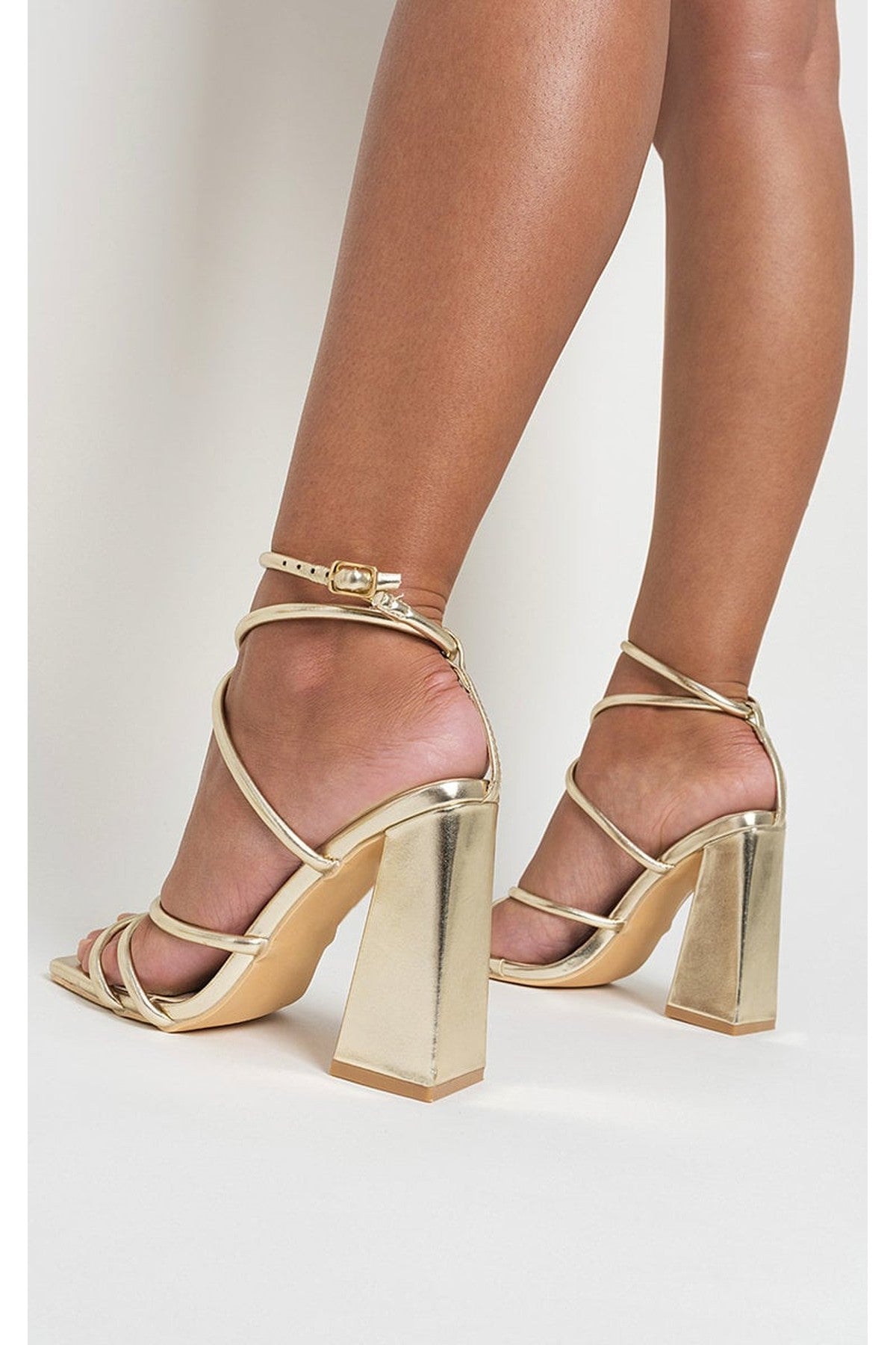 Gold Michaela Strappy Ankle Block Heeled Sandals, Image 2 of 3