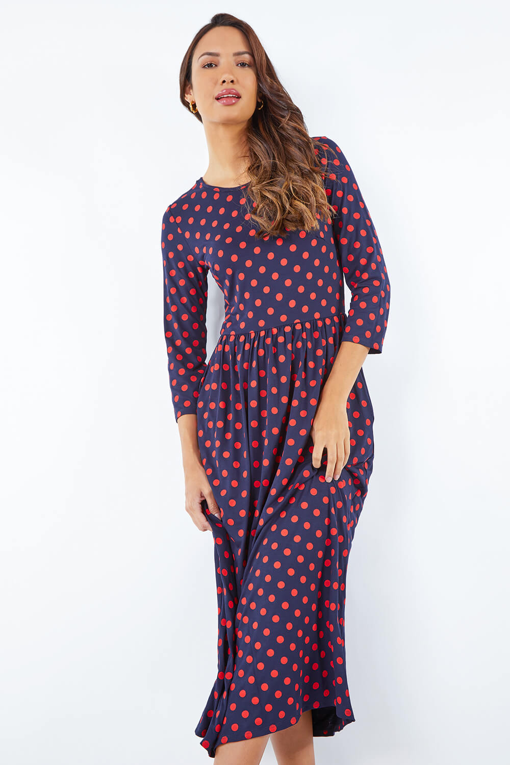 strapless open back dress Scarlette Sleeved Midi Dress in Navy Blue/Red Poppy Print main image 1