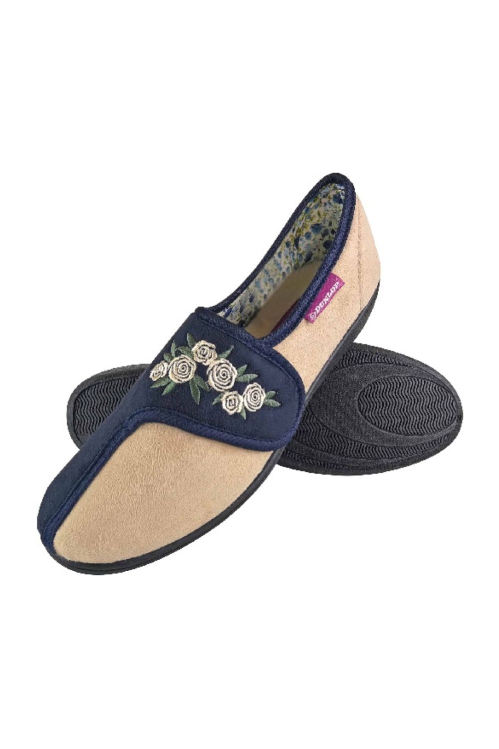 Blue Ladies Adjustable Wide Fit Floral Slippers, Image 1 of 5