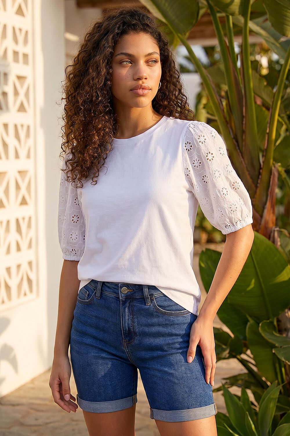 White Petite Embroidered Puff Sleeve Top, Image 3 of 4