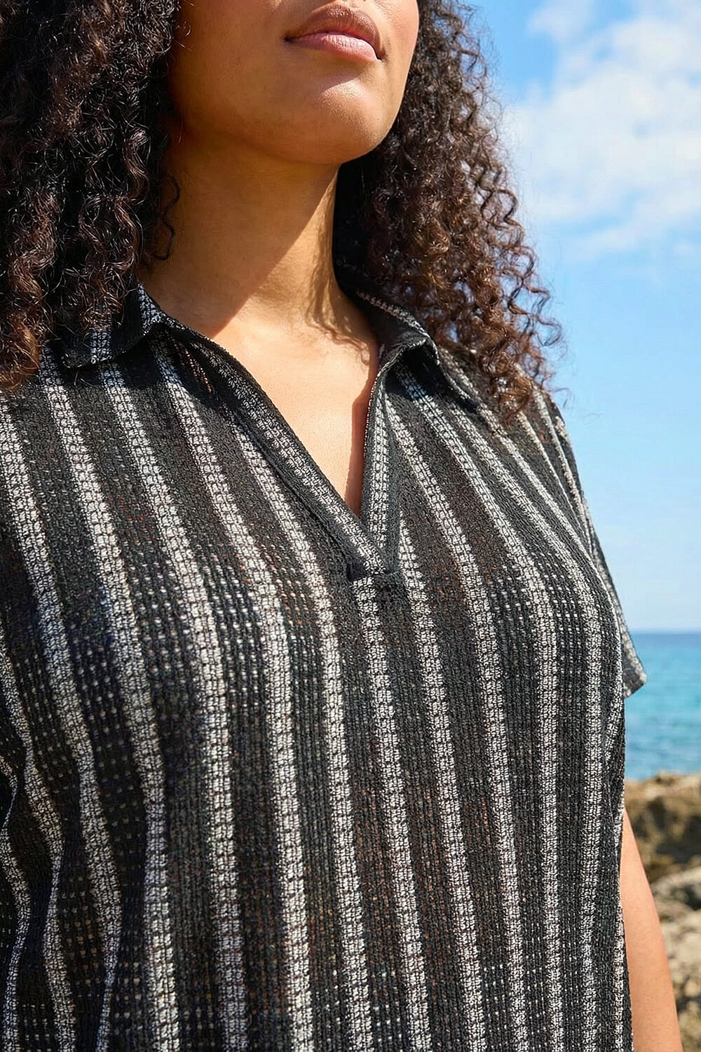 Black Curve Stripe Collared Knit Top, Image 5 of 4