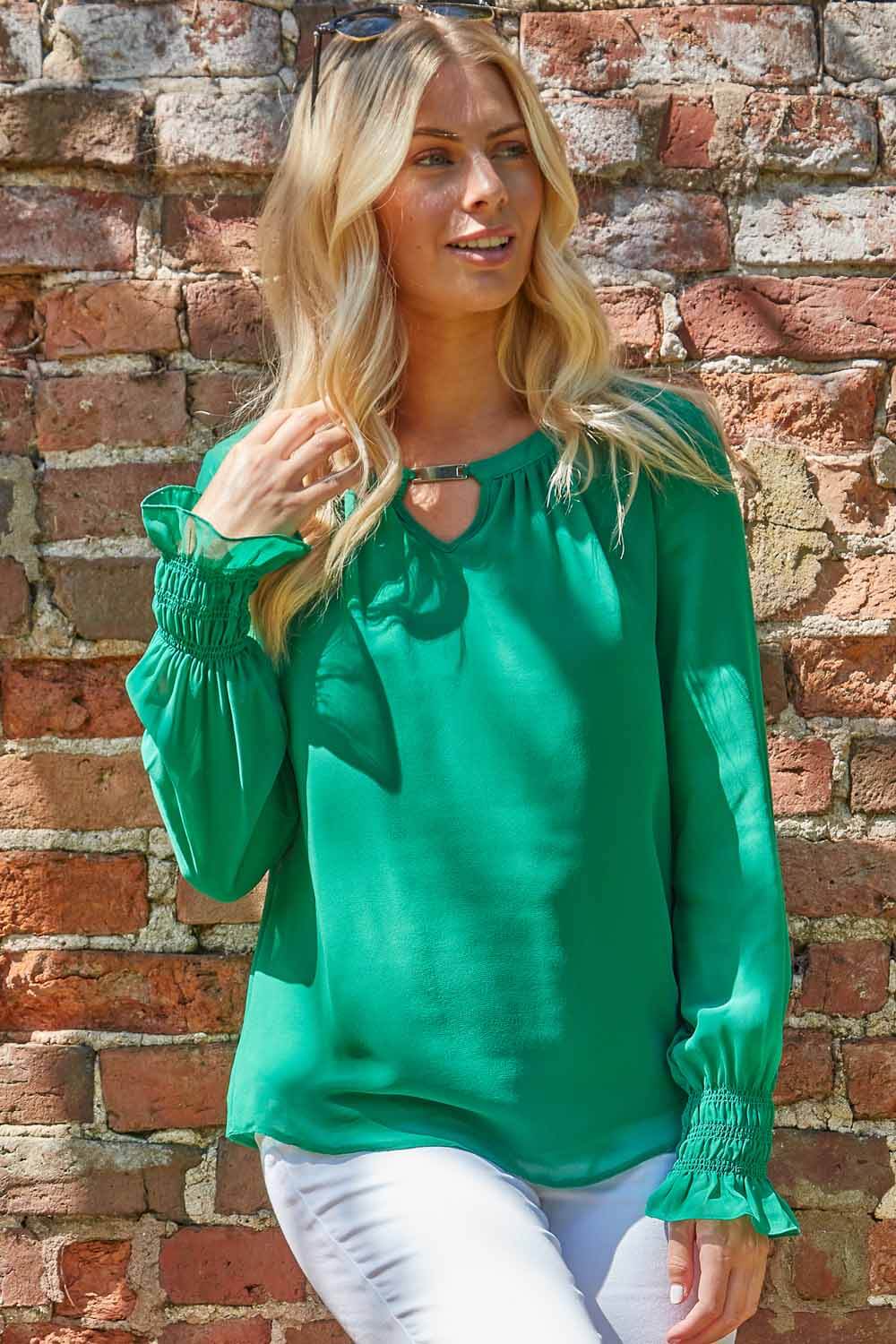 Jade Chiffon Overlay Keyhole Top, Image 1 of 4