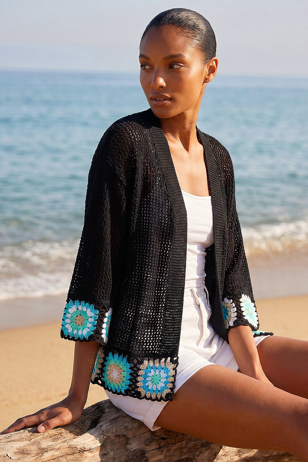 Black Edge Crochet Hem Knit Cardigan, Image 1 of 4