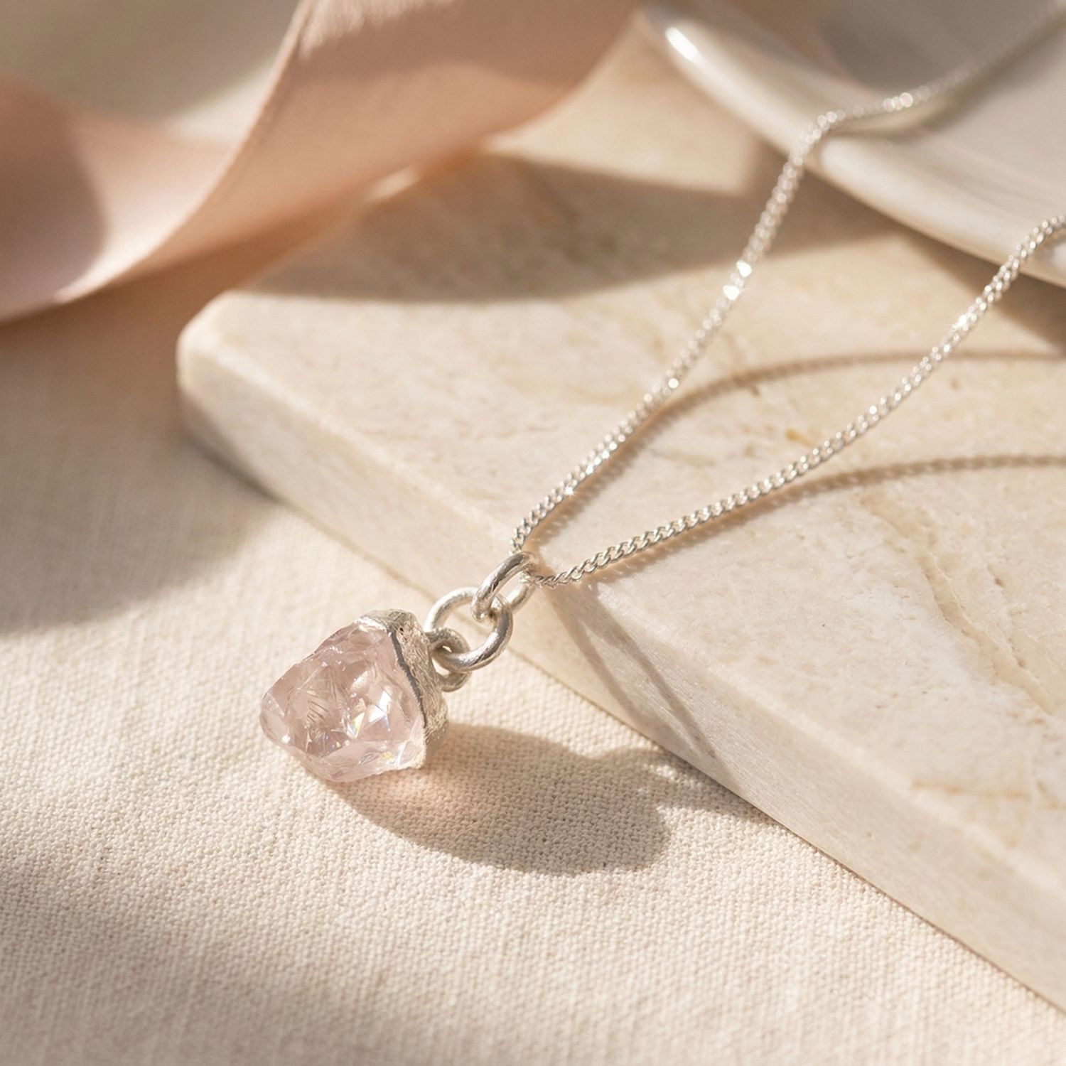 Silver Raw Rose Quartz October Birthstone Sterling Silver Necklace, Image 1 of 4