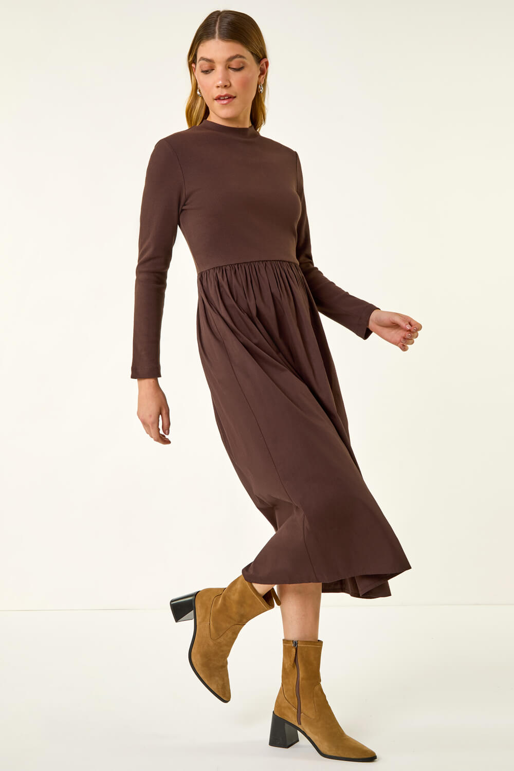 Coffee Cotton Stretch Jersey Mix Midi Dress, Image 1 of 5