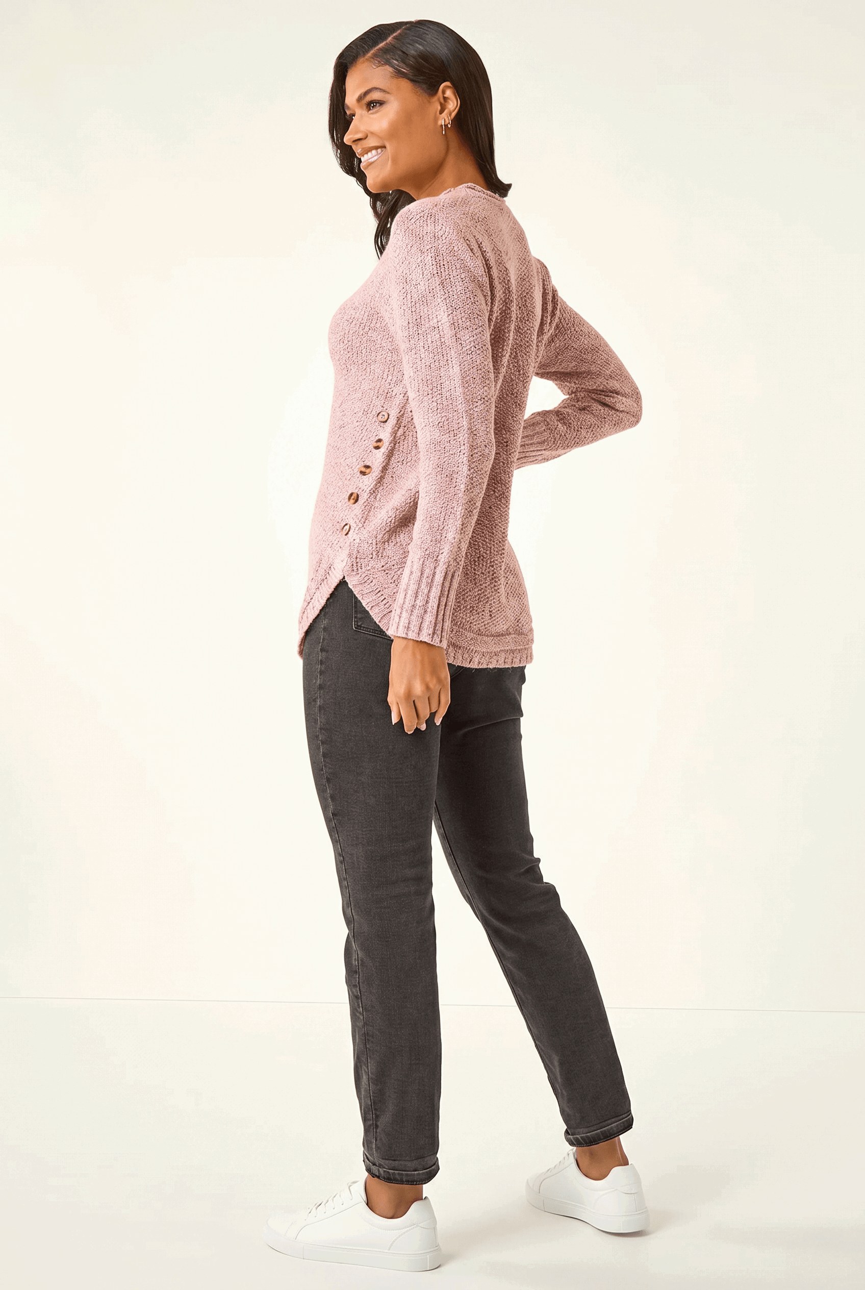 Light Pink Button Detail Curved Hem Jumper, Image 4 of 5