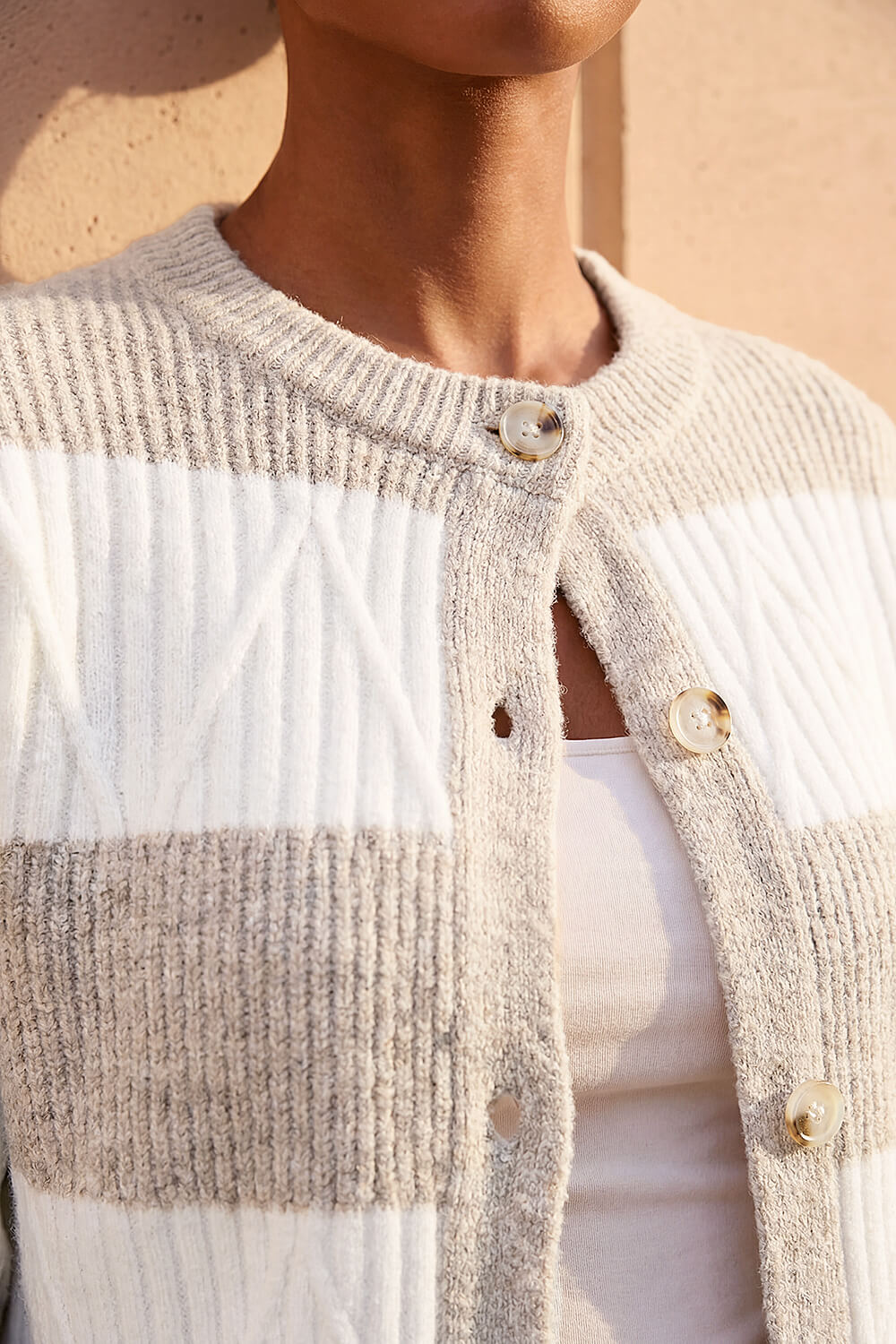 Beige Stripe Buttoned Knit Cardigan, Image 5 of 4