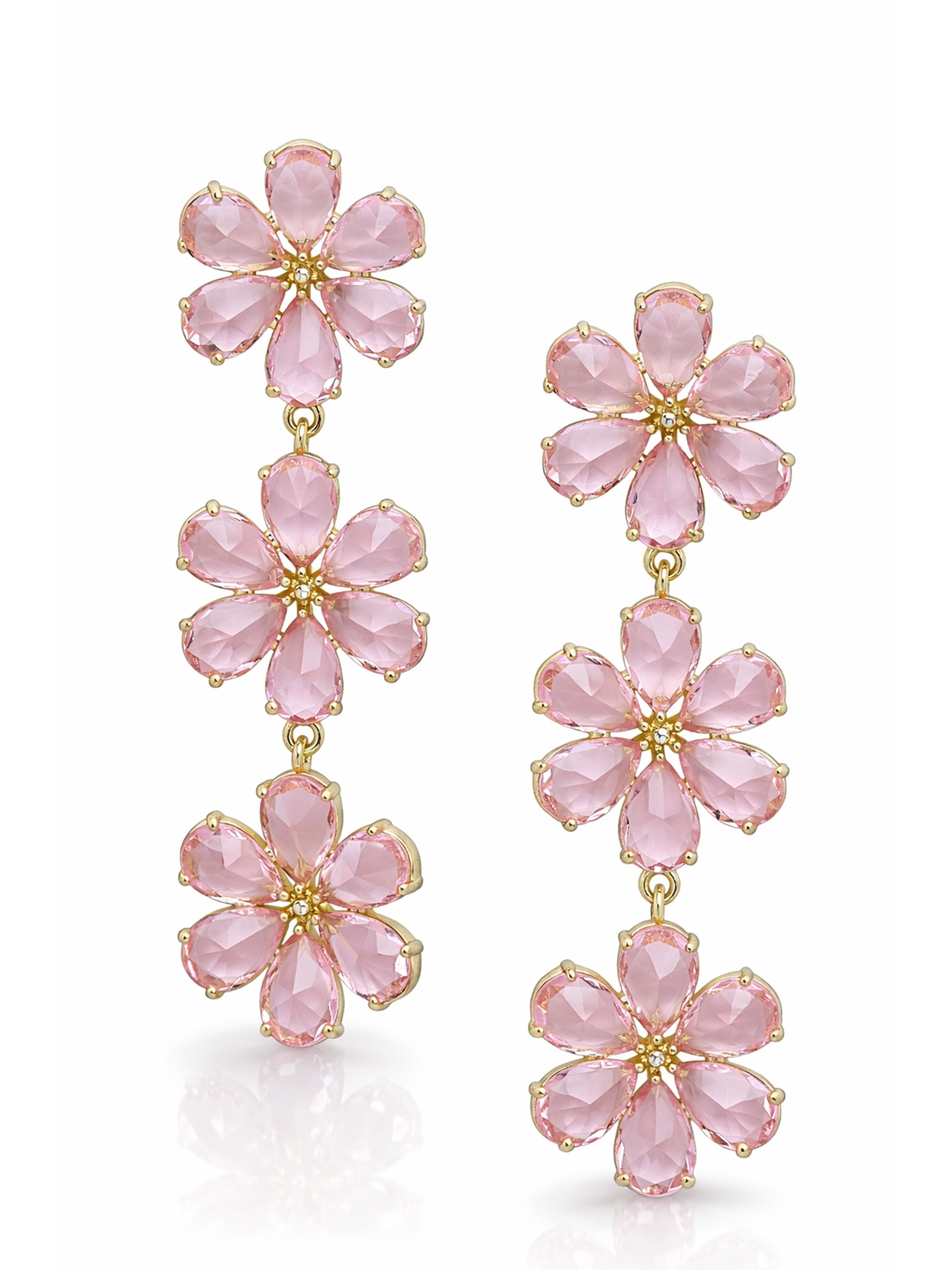 Pink Triple Floral Crystal Drop Earrings