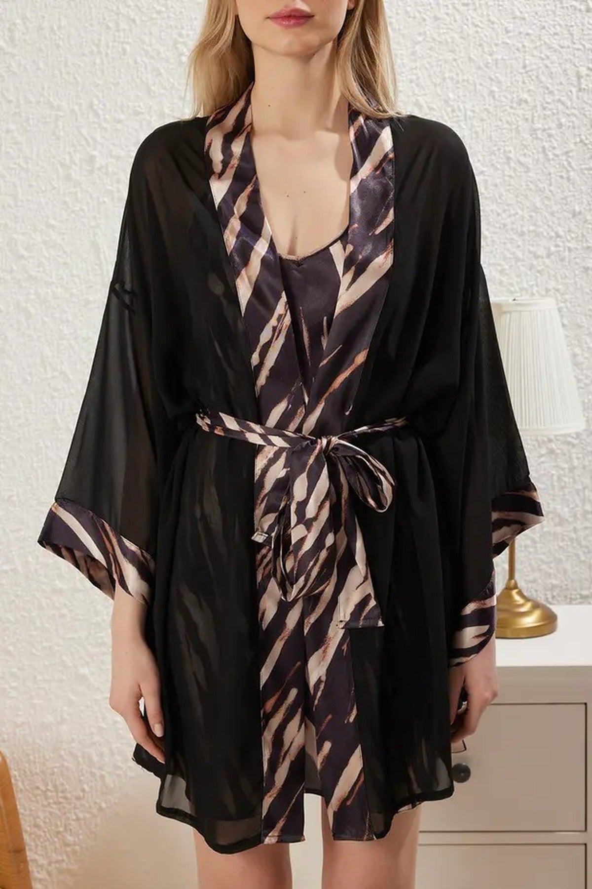 Multi WOVCOR Multi 2 Piece Leopard Print Nightdress Set with Sheer Robe, Image 2 of 4