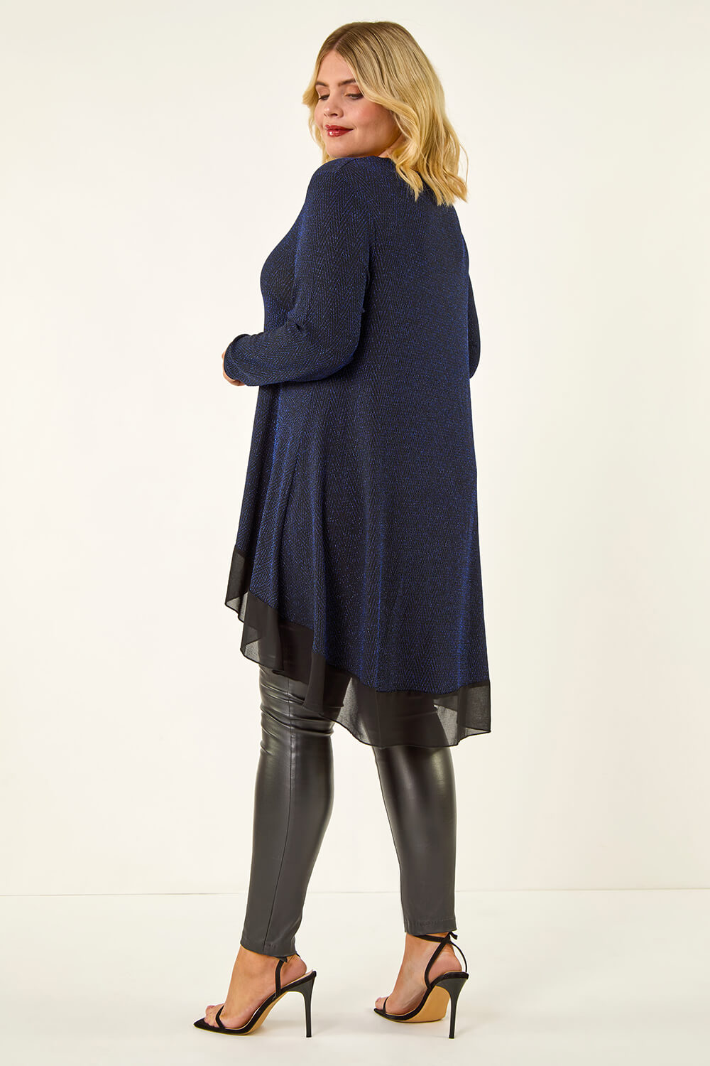 Blue Curve Glitter Chiffon Hem Tunic Top, Image 4 of 5