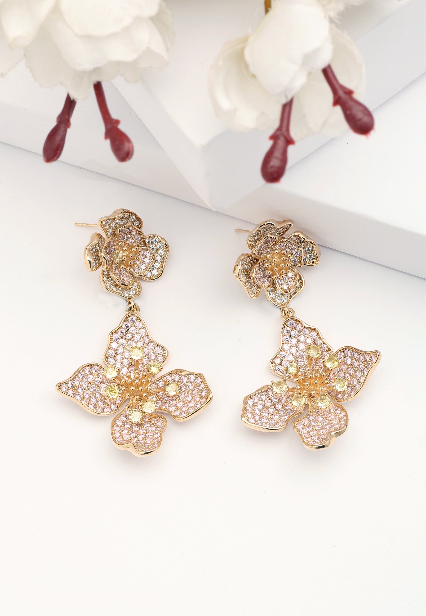 Pink Diva Two-Tiered Floral Drop Earrings, Image 2 of 5