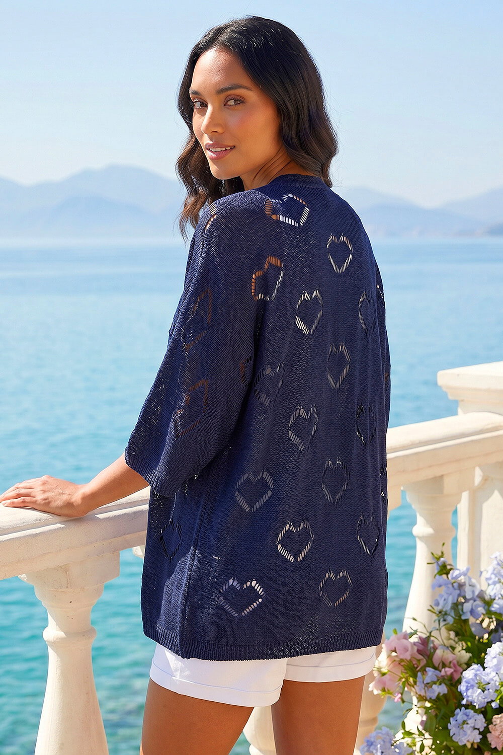 Navy Pointelle Heart Knit Cardigan, Image 3 of 4