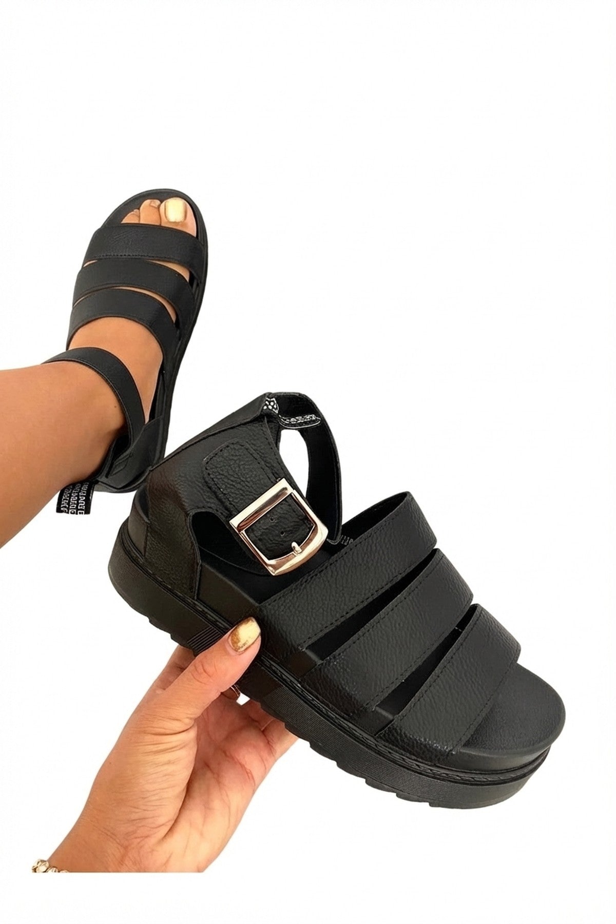 Black iKrush Black Callie Strappy Gladiator Chunky Sandals, Image 1 of 8