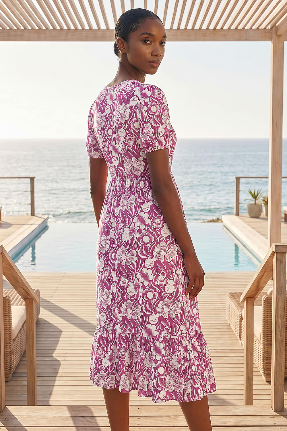 Purple Petite Floral Print Frill Midi Dress, Image 4 of 4
