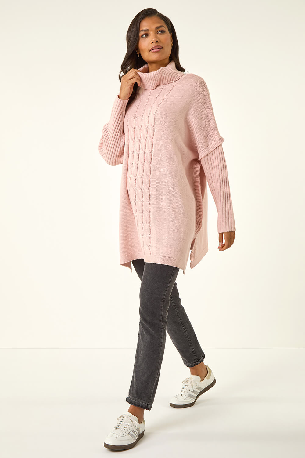 Pink Cable Knit Roll Neck Poncho Jumper, Image 3 of 5