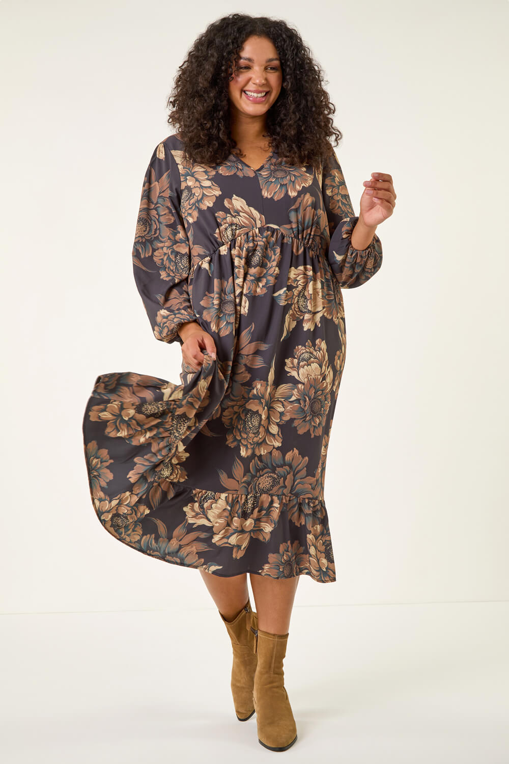 Brown Curve Floral Print Midi Dress, Image 1 of 5