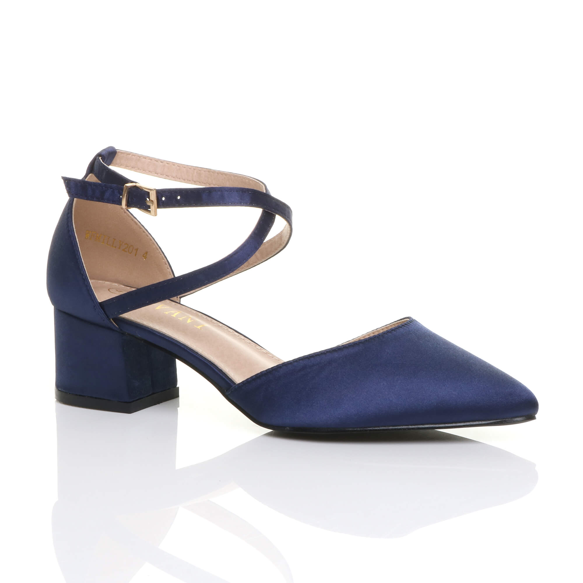 Navy Blue AJVANI Navy Blue Mid Block Heel Crossed Strap Pointed Toe 2 Part Heels, Image 1 of 6