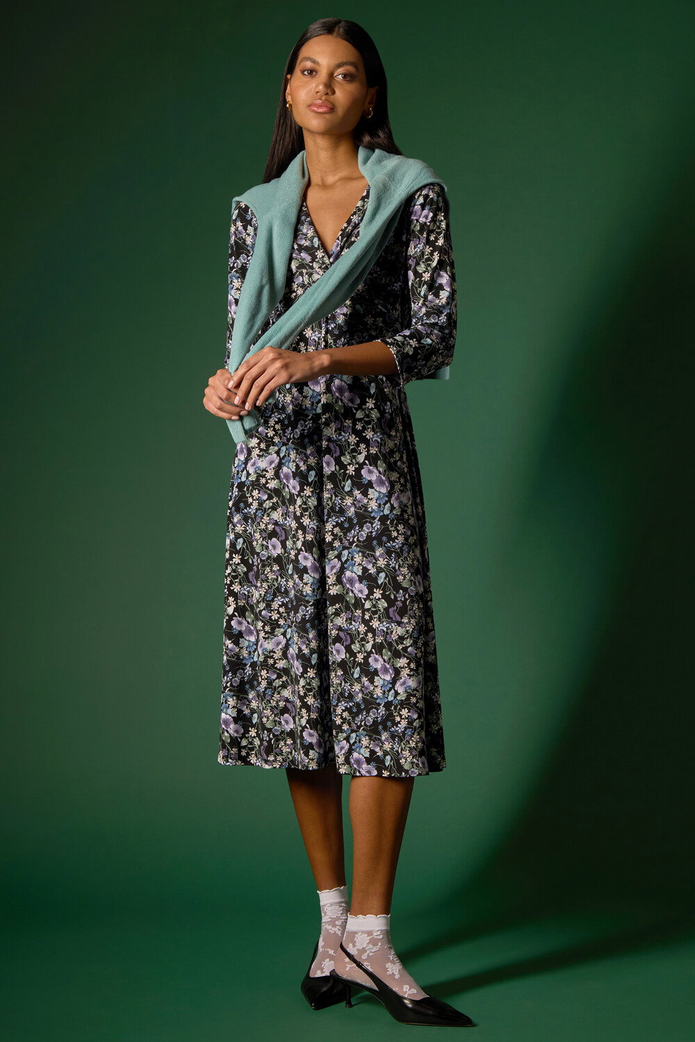 Purple Floral Twisted Front Stretch Midi Dress, Image 7 of 7