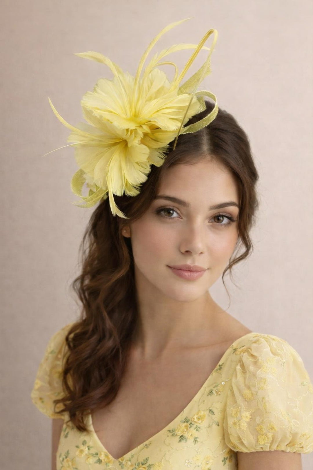 Yellow Floral Feather Fascinator with Loops, Image 1 of 2