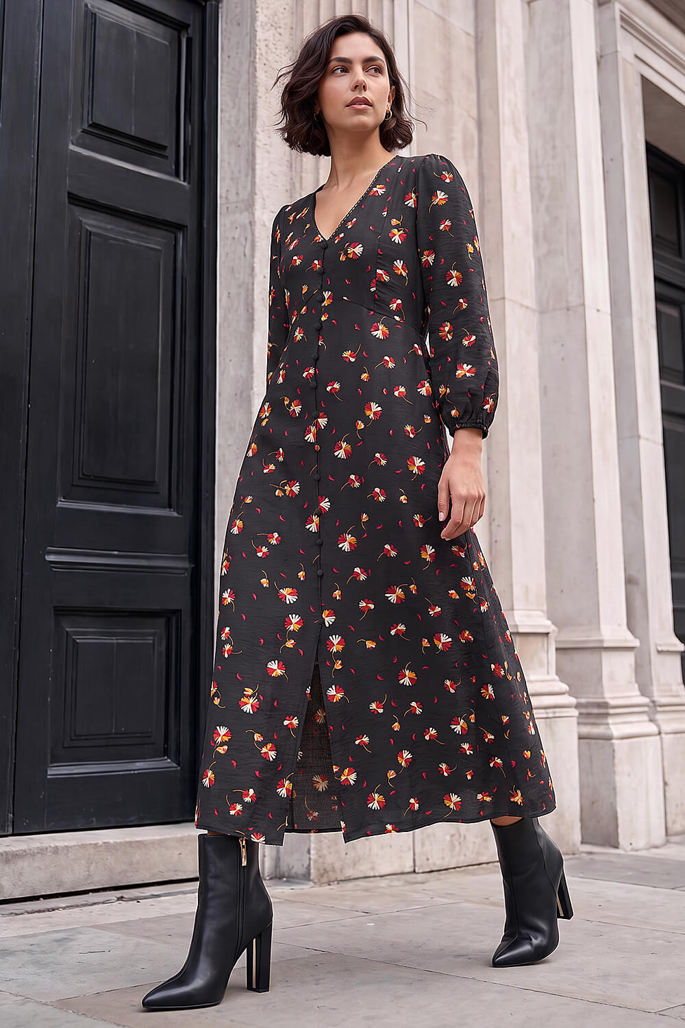Roman Women's Black Lace Floral Print Midi Dress Size 10