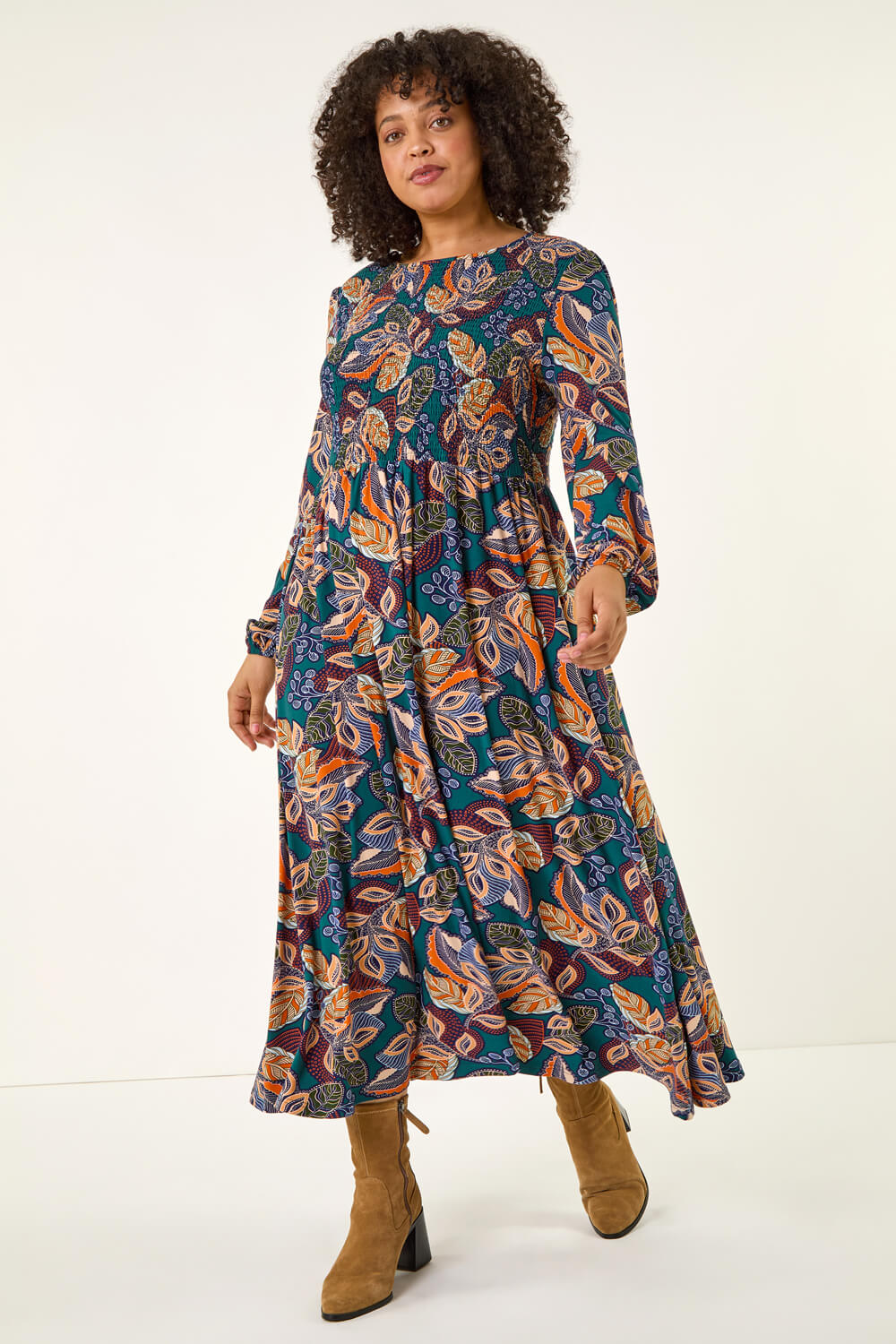 Teal Curve Floral Print Shirred Midi Dress, Image 4 of 7