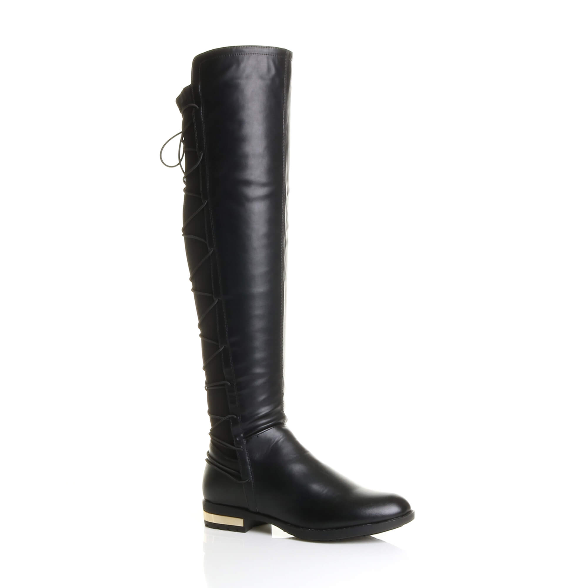 Black AJVANI Black Elastic Tie Up Riding Knee High Boots, Image 1 of 6