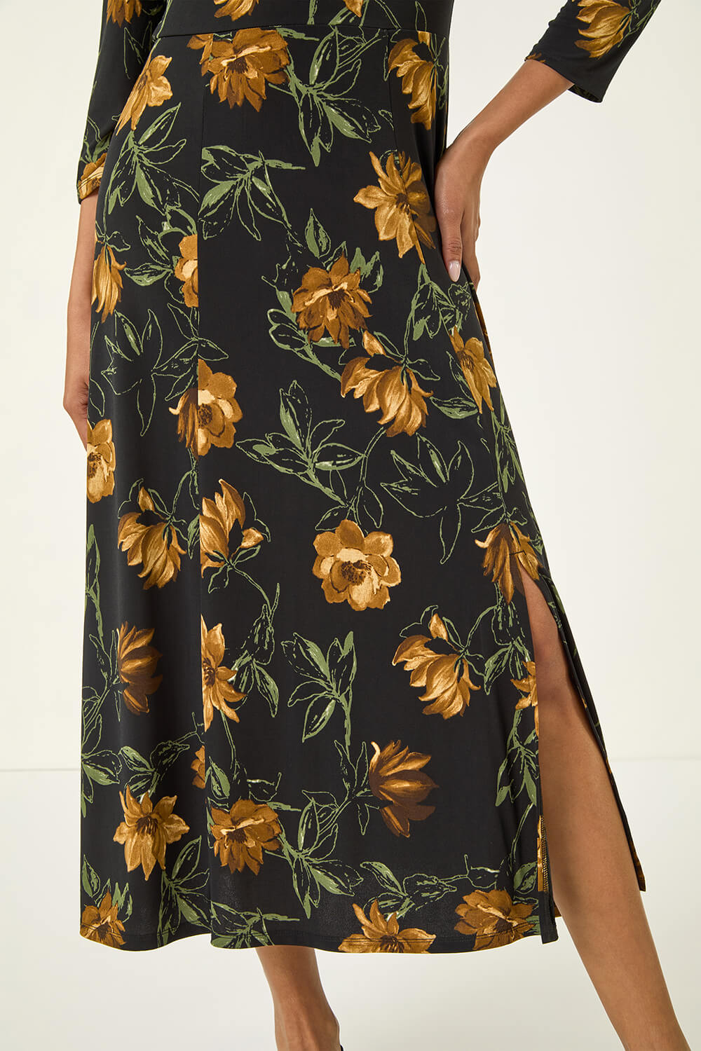 Yellow Floral Print Ruched Stretch Midi Dress, Image 6 of 5