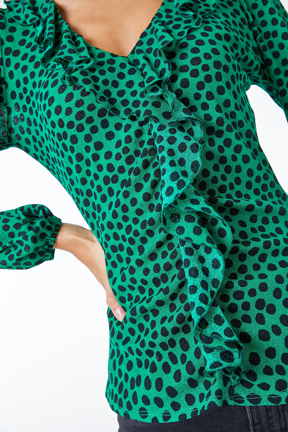 Green Spot Print Ruffle Top, Image 5 of 5