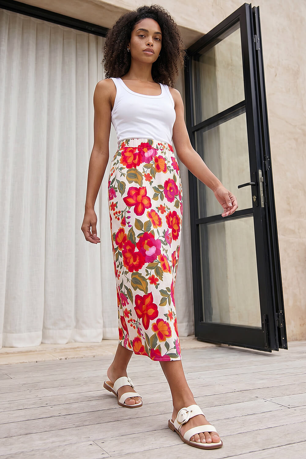 Orange Dusk Floral Print A-Line Midi Skirt, Image 4 of 5