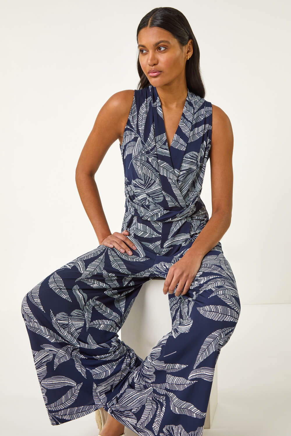 Roman Women's Navy Leaf Puff Print Crossover Jumpsuit Size 20