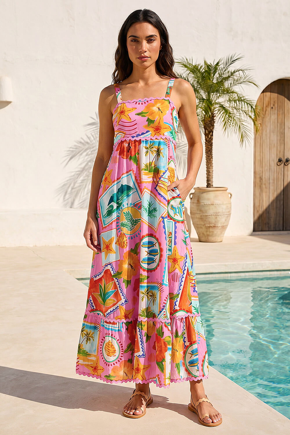 Pink Postcard Print Ric Rac Maxi Dress , Image 3 of 4